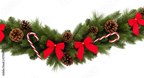 Christmas garland with red bows and candy canes isolated on transparent background