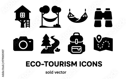 Eco-tourism icons set: nature travel essentials in bold silhouette style