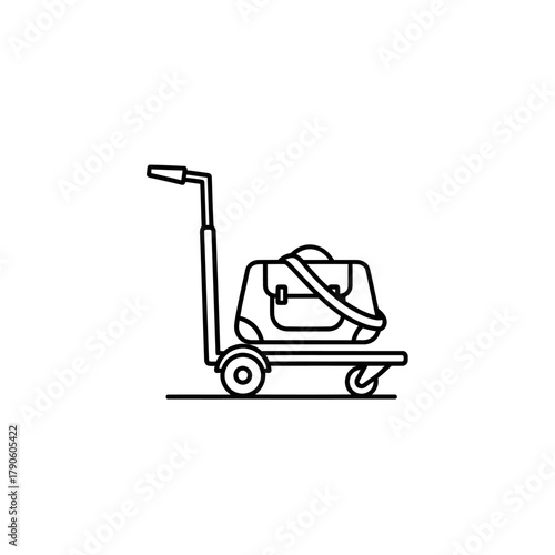 Simple Black and White Line Art of Luggage on a Hand Truck.