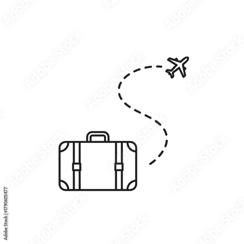 Simple Black and White Suitcase with Handle, Straps, and Travel Icon.