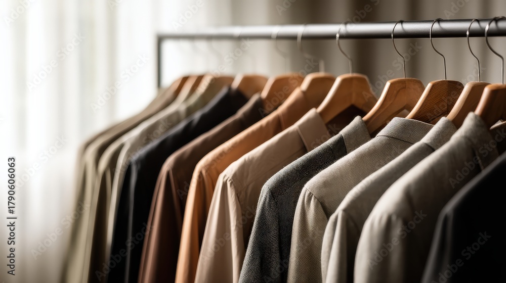 Fototapeta premium A display of neatly hung clothes on wooden hangers, showcasing a variety of colors and textures, illuminated by soft natural light.
