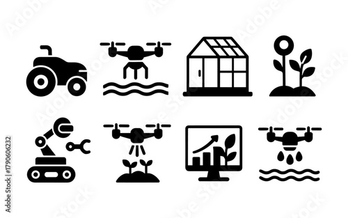 Innovative agricultural technology icons: robots, drones, and sustainability