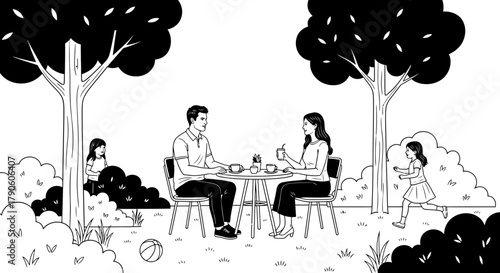 Family time outdoor cafe illustration black and white design