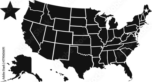 Black and White Map of the United States with Star Markers

