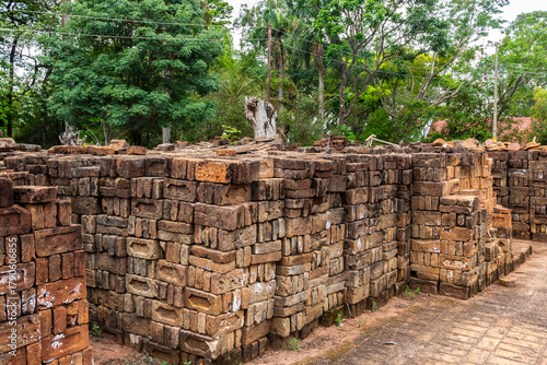 Stacks of old clay bricks piled in an open area surrounded by vegetation, showing traditional building materials used in historical constructions in the Brazilian countryside