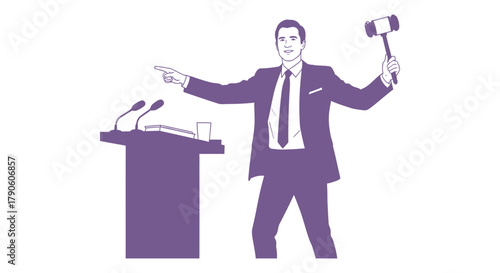 Auctioneer at podium with gavel auction business presentation