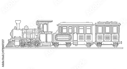 Vintage train outline drawing coloring page illustration art