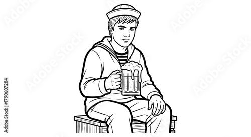 Sailor drinking beer vector illustration black and white art