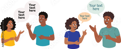 Two people talking cartoon illustration with speech bubbles, friendly communication concept showing conversation and dialogue on white background vector