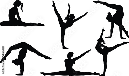 Black silhouettes of gymnasts performing various poses on white background gymnastics