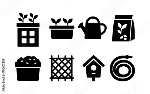 Silhouette gardening tools and supplies icons for urban garden design