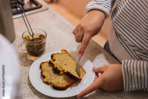 Serving cake or banana bread and tea on a cozy morning