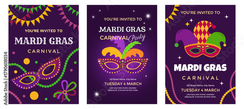 Mardi Gras poster set. Collection of party, carnival Mardi Gras invitations. Carnival masks, beads and garlands. Vector templates for greeting cards, flyers, banners