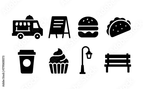 Food and drink icons collection: mobile truck, sign board, burger, taco, coffee, cupcake, street lamp, bench