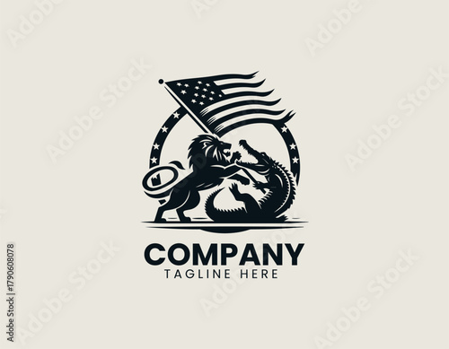 Lion and crocodile fighting with flag and stars black vector logo illustration