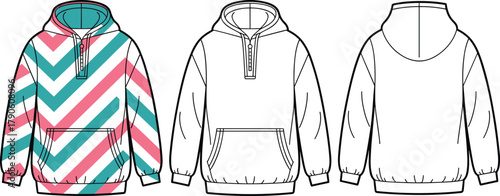 Chevron hoodie sketch, colorful sweatshirt design, front and back view, fashion illustration, technical apparel drawing, casual streetwear garment template