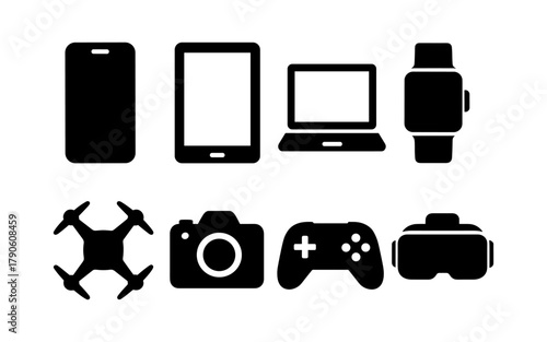 Gadget silhouettes: phone, tablet, laptop, watch, drone, camera, controller, vr