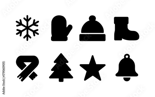 Winter silhouettes: snowflakes, mittens, and festive symbols for seasonal designs