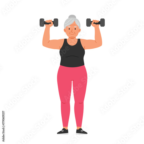 An active elderly woman with gray hair in a pink tank top confidently lifts blue dumbbells in a strength training pose, rendered in cheerful flat vector style great for senior fitness, healthy lifesty