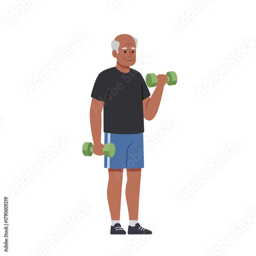 An active elderly man with gray hair and beard confidently lifts yellow dumbbells while wearing sporty clothes in cheerful flat vector style, great for senior fitness, healthy aging, or exercise motiv
