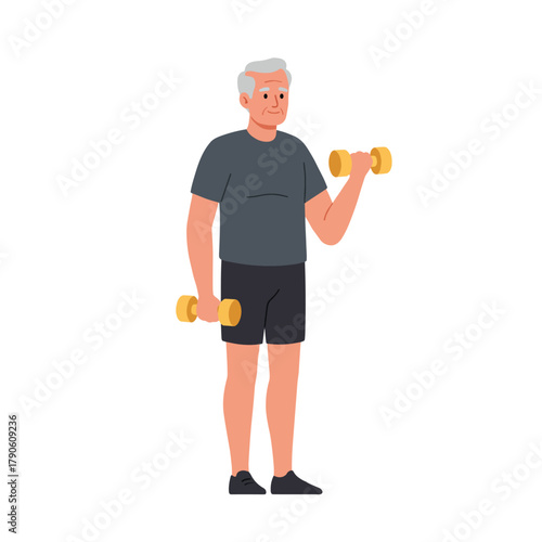 An active elderly man with gray hair and beard confidently lifts yellow dumbbells while wearing sporty clothes in cheerful flat vector style, great for senior fitness, healthy aging, or exercise motiv