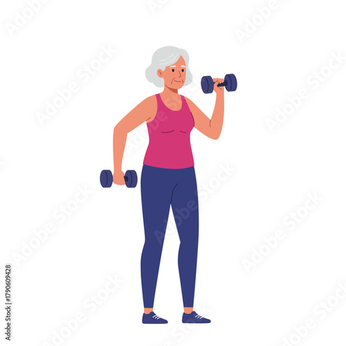 An active elderly woman with gray hair in a pink tank top confidently lifts blue dumbbells in a strength training pose, rendered in cheerful flat vector style great for senior fitness, healthy lifesty