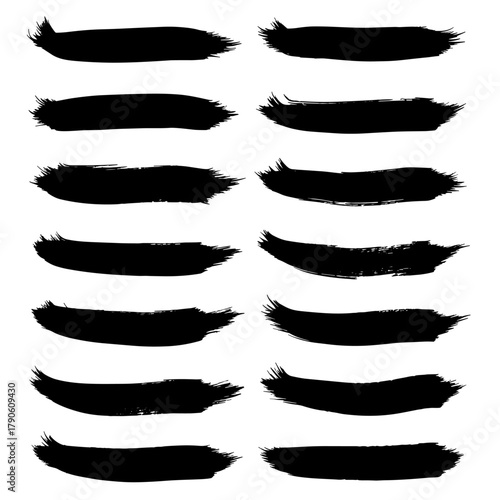 Abstract black ink blot and splatter brush strokes with rough edges and varying opacity in grunge style, suitable for texture overlays, distressed effects, or artistic design elements in vector format