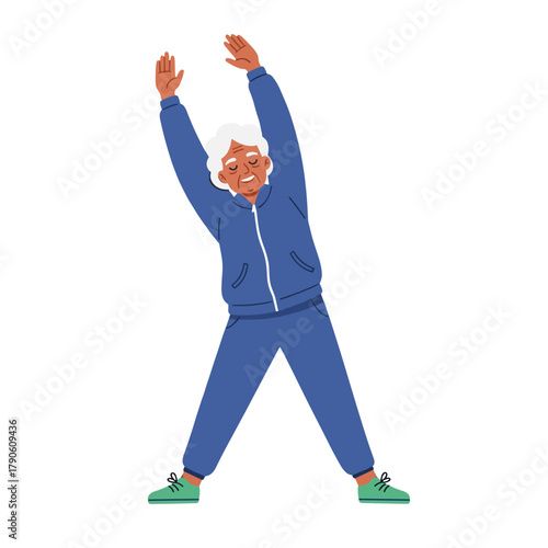 An active elderly woman with gray hair in a blue tracksuit raises her arms in a morning stretch pose, rendered in cheerful flat vector style great for fitness, healthy aging, or wellness lifestyle con
