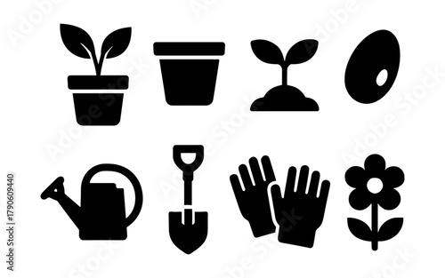 Silhouette gardening tools and plants icons for nature and planting projects