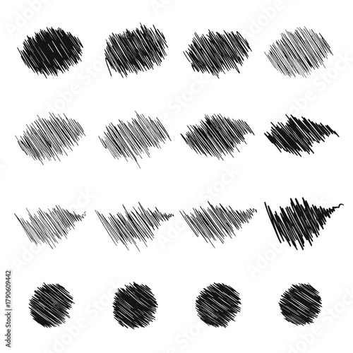 A set of twelve rough black scribble, hatching, and sketch-style brush strokes with varying intensity and direction, suitable for shading, doodle effects, or grunge textures in vector illustrations.