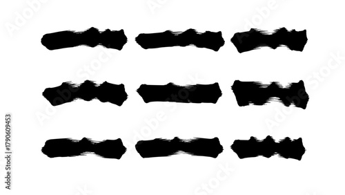 Abstract black ink blot and splatter brush strokes with rough edges and varying opacity in grunge style, suitable for texture overlays, distressed effects, or artistic design elements in vector format