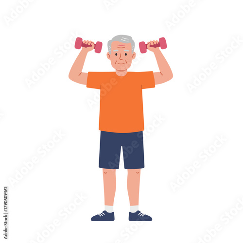 An active elderly man with gray hair and beard confidently lifts yellow dumbbells while wearing sporty clothes in cheerful flat vector style, great for senior fitness, healthy aging, or exercise motiv