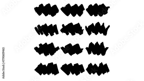 Abstract black ink blot and splatter brush strokes with rough edges and varying opacity in grunge style, suitable for texture overlays, distressed effects, or artistic design elements in vector format