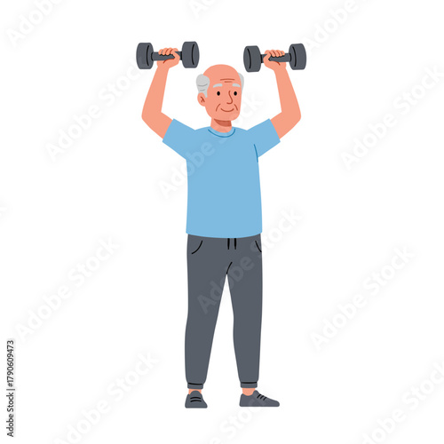 An active elderly man with gray hair and beard confidently lifts yellow dumbbells while wearing sporty clothes in cheerful flat vector style, great for senior fitness, healthy aging, or exercise motiv