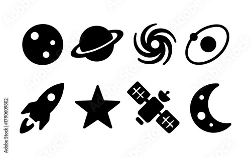 Space icons set: silhouette style with planets, rockets, and stars for creative designs