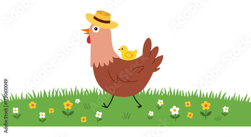 Cartoon chicken with chick illustration vector stock image