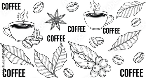 Hand Drawn Engraving Style Vector Set of Coffee Elements Including Beans, Leaves, Cherries on Branch, Steaming Cups, and Star Anise Spice