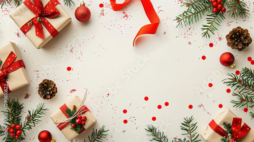 Christmas fir branches with gift boxes and red ribbon on white background flat lay