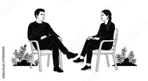 Illustration of therapy session with man and woman talking