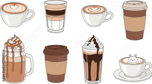 A Beautiful Collection of Various Coffee Drinks and Café Beverages Including Latte Art, Espresso, Frappe, and Takeaway Cups Vector Set