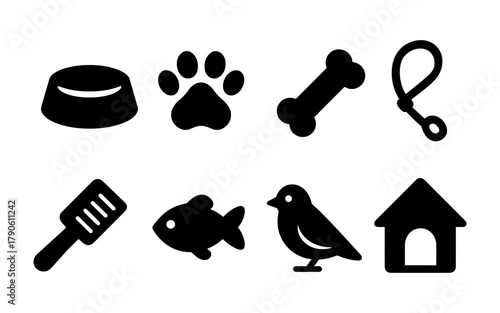 Pet care icons: silhouettes of supplies, animals, and accessories