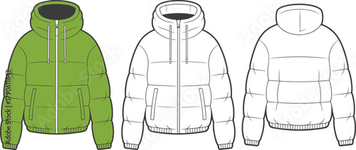 Green puffer jacket sketch, front and back view, hooded coat illustration, technical fashion drawing, quilted outerwear design, winter apparel template