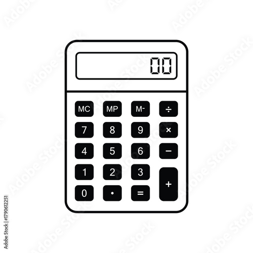 Simple black calculator showing zero on digital display icon vector.