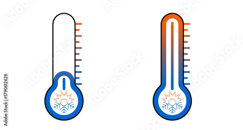 Abstract thermometer measure indicator set vector design with snowflake and sun symbol. Creative weather meteorology icon, summer, winter season illustration. 