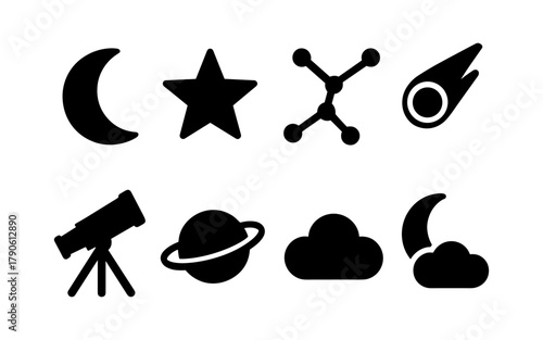 Silhouette astronomy icons: moon, star, constellation, telescope, comet, planet, cloud