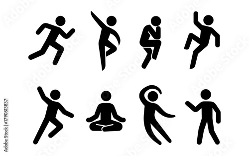 Silhouette icons of dynamic stick figures in various poses