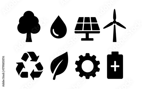 Black silhouette icons of renewable energy and sustainable ecology