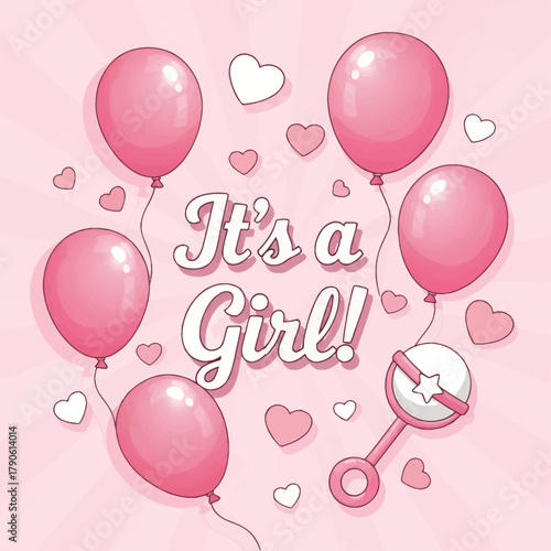 Celebrate new arrival with sweet pink balloons and 'It's a Girl!' announcement, perfect for baby showers and gender reveals