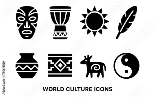 Cultural symbol icons: global diversity in black and white silhouette design