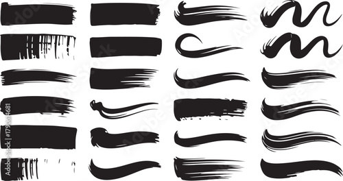 Collection of black ink brush stroke elements grunge